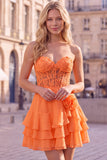 Orange Sweetheart Applique Tiered A Line Homecoming Dress with 3D Flower