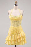 Daffodil Halter Beaded Ruched Tiered Ruffle Corset Homecoming Dress