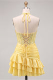 Daffodil Halter Beaded Ruched Tiered Ruffle Corset Homecoming Dress