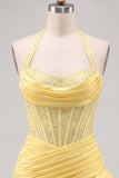 Daffodil Halter Beaded Ruched Tiered Ruffle Corset Homecoming Dress