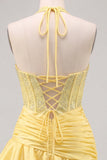 Daffodil Halter Beaded Ruched Tiered Ruffle Corset Homecoming Dress