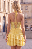 Daffodil Halter Beaded Ruched Tiered Ruffle Corset Homecoming Dress