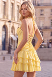 Daffodil Halter Beaded Ruched Tiered Ruffle Corset Homecoming Dress