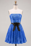 Metallic Gold Strapless Pleated A Line Short Homecoming Dress with Bow