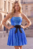 Metallic Gold Strapless Pleated A Line Short Homecoming Dress with Bow