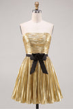 Metallic Gold Strapless Pleated A Line Short Homecoming Dress with Bow