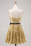 Metallic Gold Strapless Pleated A Line Short Homecoming Dress with Bow