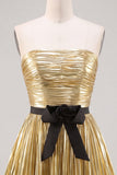 Metallic Gold Strapless Pleated A Line Short Homecoming Dress with Bow