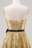 Metallic Gold Strapless Pleated A Line Short Homecoming Dress with Bow