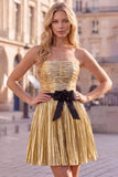 Metallic Gold Strapless Pleated A Line Short Homecoming Dress with Bow