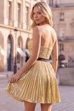 Metallic Gold Strapless Pleated A Line Short Homecoming Dress with Bow