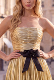 Metallic Gold Strapless Pleated A Line Short Homecoming Dress with Bow