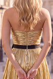 Metallic Gold Strapless Pleated A Line Short Homecoming Dress with Bow
