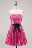 Metallic Gold Strapless Pleated A Line Short Homecoming Dress with Bow