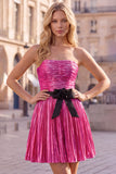 Metallic Gold Strapless Pleated A Line Short Homecoming Dress with Bow