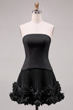 Fuchsia Strapless Pleated 3D Flower A Line Short Homecoming Dress