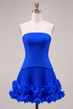 Fuchsia Strapless Pleated 3D Flower A Line Short Homecoming Dress