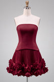 Fuchsia Strapless Pleated 3D Flower A Line Short Homecoming Dress