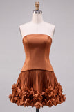 Fuchsia Strapless Pleated 3D Flower A Line Short Homecoming Dress