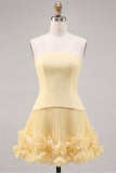 Fuchsia Strapless Pleated 3D Flower A Line Short Homecoming Dress