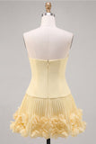 Fuchsia Strapless Pleated 3D Flower A Line Short Homecoming Dress