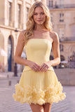 Fuchsia Strapless Pleated 3D Flower A Line Short Homecoming Dress
