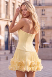 Fuchsia Strapless Pleated 3D Flower A Line Short Homecoming Dress