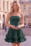 Fuchsia Strapless Pleated 3D Flower A Line Short Homecoming Dress