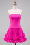 Fuchsia Strapless Pleated 3D Flower A Line Short Homecoming Dress