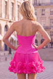 Fuchsia Strapless Pleated 3D Flower A Line Short Homecoming Dress