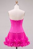 Fuchsia Strapless Pleated 3D Flower A Line Short Homecoming Dress