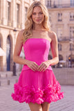 Fuchsia Strapless Pleated 3D Flower A Line Short Homecoming Dress
