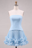 Fuchsia Strapless Pleated 3D Flower A Line Short Homecoming Dress