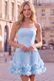 Fuchsia Strapless Pleated 3D Flower A Line Short Homecoming Dress