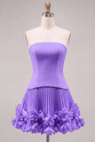 Fuchsia Strapless Pleated 3D Flower A Line Short Homecoming Dress