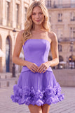 Fuchsia Strapless Pleated 3D Flower A Line Short Homecoming Dress