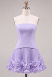 Fuchsia Strapless Pleated 3D Flower A Line Short Homecoming Dress