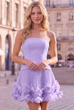 Fuchsia Strapless Pleated 3D Flower A Line Short Homecoming Dress