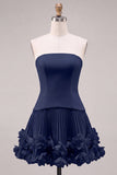 Fuchsia Strapless Pleated 3D Flower A Line Short Homecoming Dress