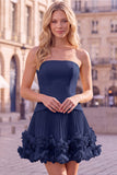 Fuchsia Strapless Pleated 3D Flower A Line Short Homecoming Dress