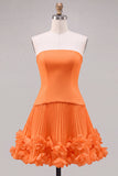 Fuchsia Strapless Pleated 3D Flower A Line Short Homecoming Dress