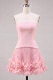 Fuchsia Strapless Pleated 3D Flower A Line Short Homecoming Dress