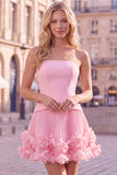 Fuchsia Strapless Pleated 3D Flower A Line Short Homecoming Dress