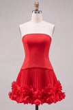Fuchsia Strapless Pleated 3D Flower A Line Short Homecoming Dress