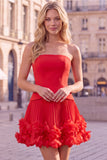 Fuchsia Strapless Pleated 3D Flower A Line Short Homecoming Dress