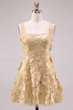 Pink Square Neck 3D Flower Applique A Line Homecoming Dress