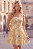 Pink Square Neck 3D Flower Applique A Line Homecoming Dress