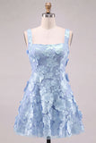 Pink Square Neck 3D Flower Applique A Line Homecoming Dress