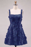 Pink Square Neck 3D Flower Applique A Line Homecoming Dress