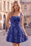Pink Square Neck 3D Flower Applique A Line Homecoming Dress